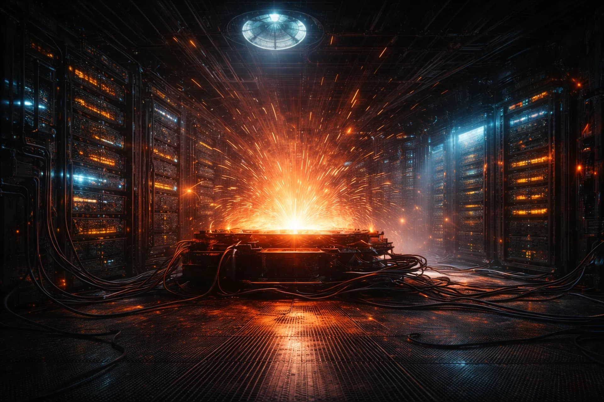 Industrial forge sparks with subtle circuitry, representing an operator-owned private AI deployment layer